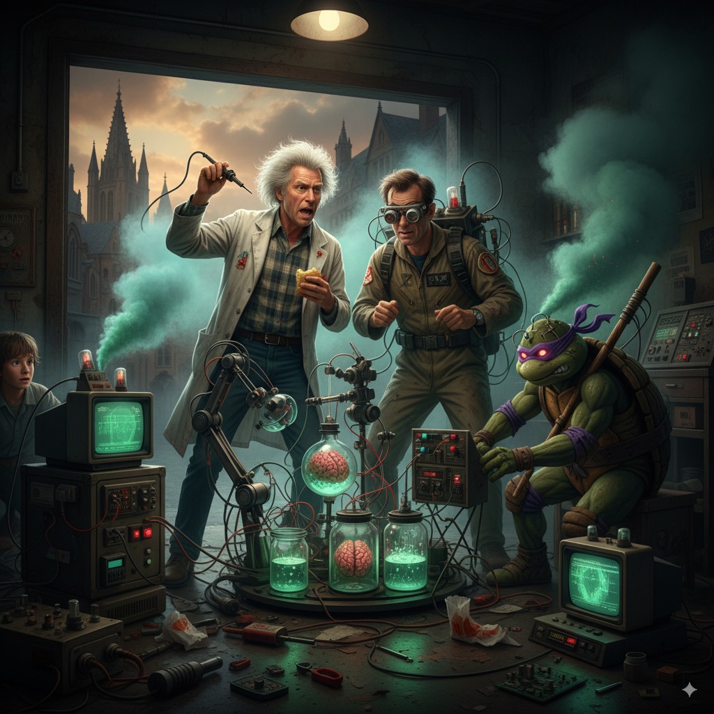 Doc Brown, Venkman, and Donatello working on forbidden experiments in exile