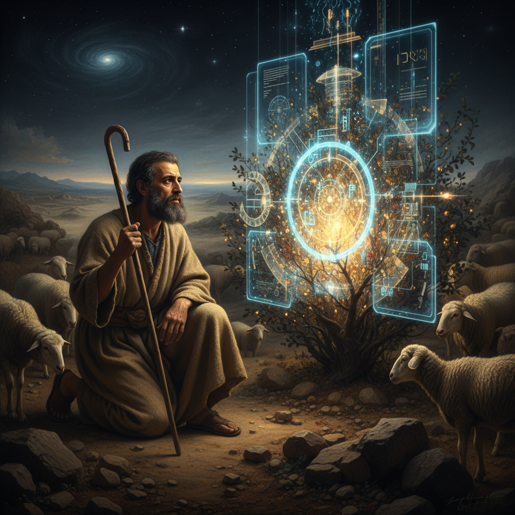 Moses in exile receiving divine revelation in the wilderness