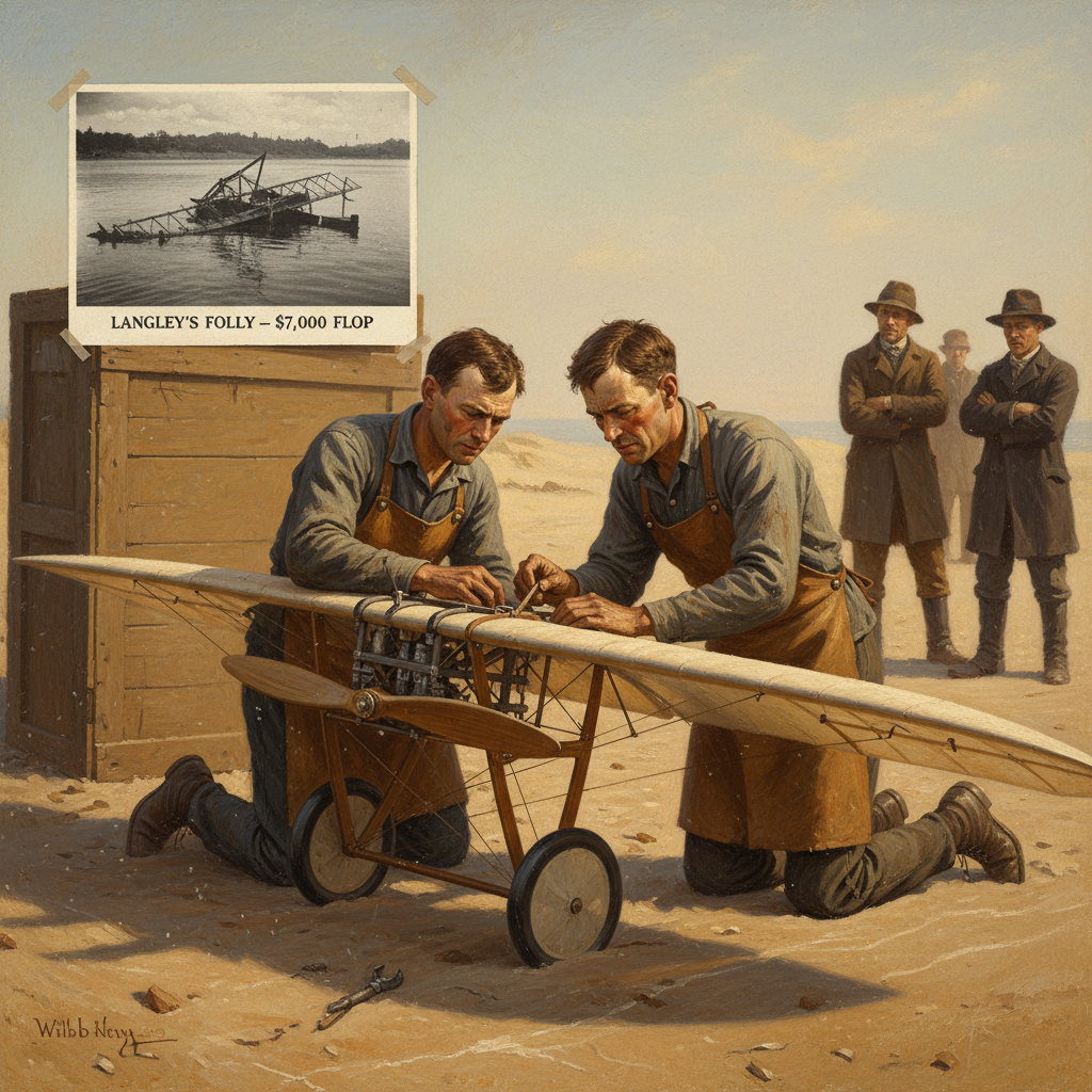 Wright Brothers preparing for first flight at Kitty Hawk while Langley's government-funded project fails